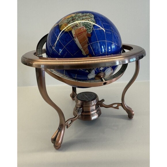 VINTAGE LAPIS LAZULI WORLD GLOBE DESK TABLE TOP GEMSTONES COPPER STAND COMPASS - Picture 2 of 16